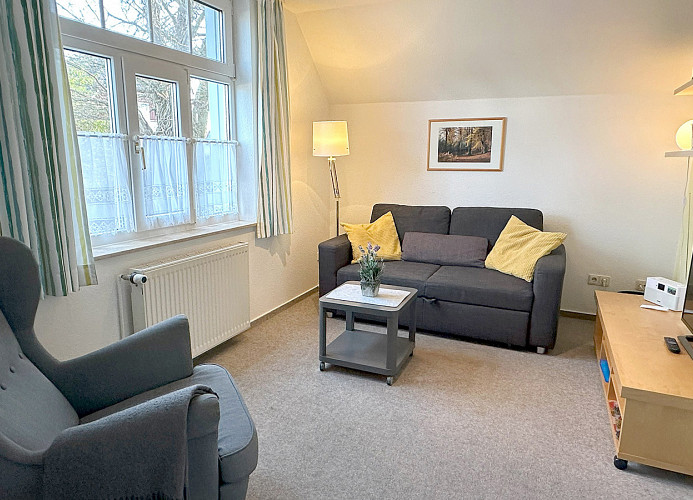Wohnzimmer mit Couch, Sessel und Flachbild-TV