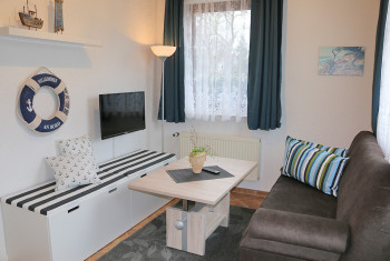 Wohnzimmer mit Couch und Sat-TV