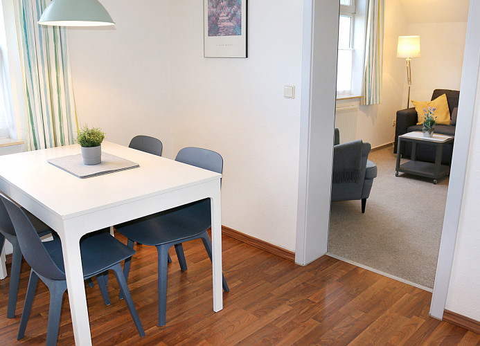 Küche mit Blick ins Wohnzimmer