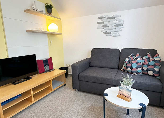 Wohnzimmer mit Couch (mit Schlaffunktion) und Sat-TV